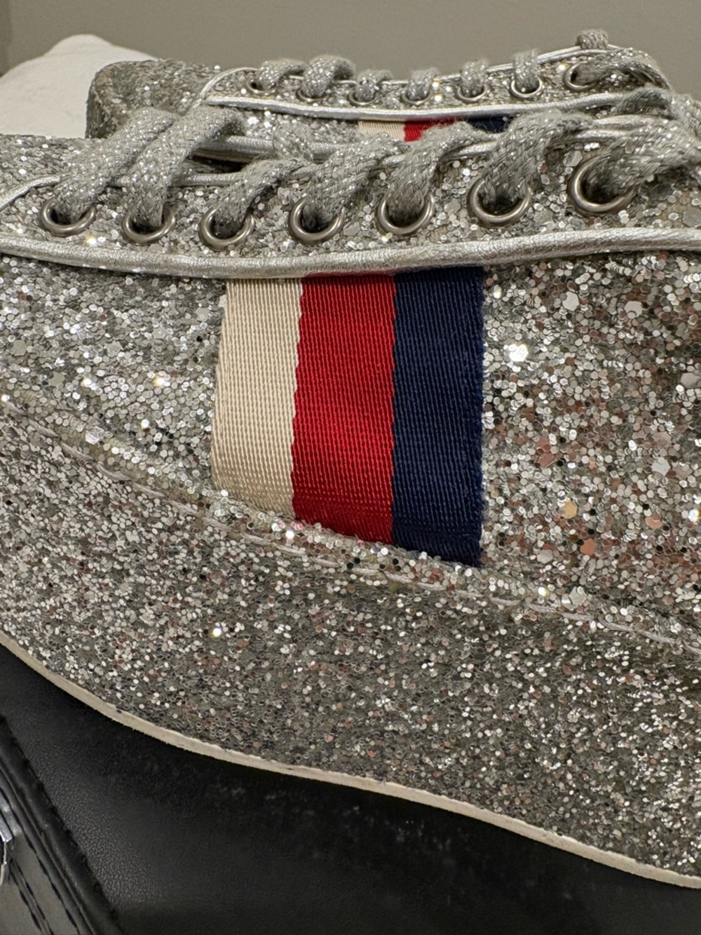 Gucci Silver Glitter Platform Sneakers with Red & Blue Stripe - Picture 4 of 6